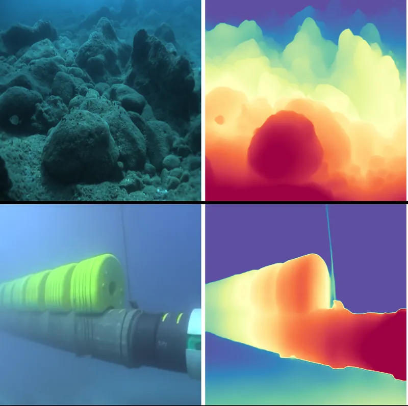 Underwater images next to their predicted depth maps