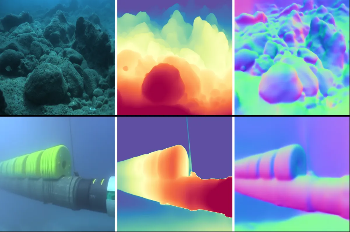 Underwater rocks and a pipeline, with colour maps of predicted depth and surface direction